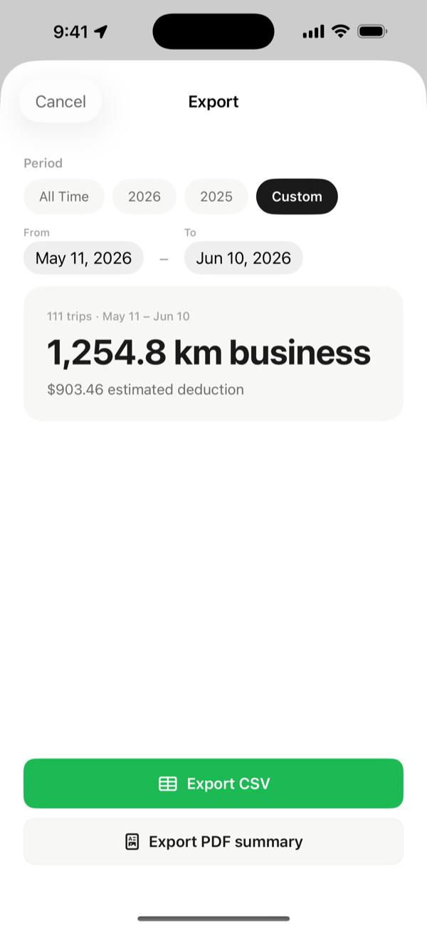 A clean, tax-ready mileage log export