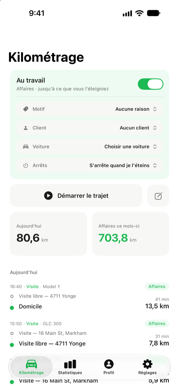 Un trajet qui s'enregistre automatiquement en mode travail