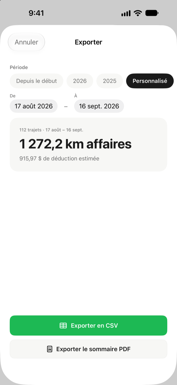 Une exportation de registre de kilométrage claire et prête pour l'impôt