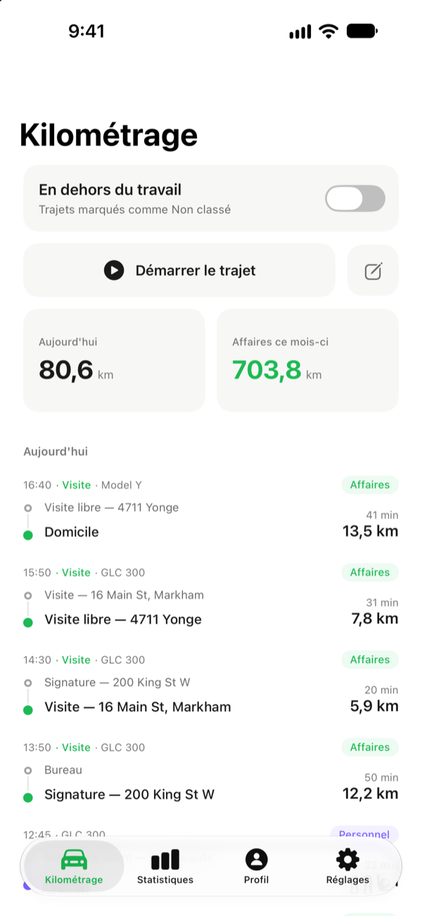 Onglet Kilométrage de PocketMile : une journée complète de trajets enregistrés automatiquement