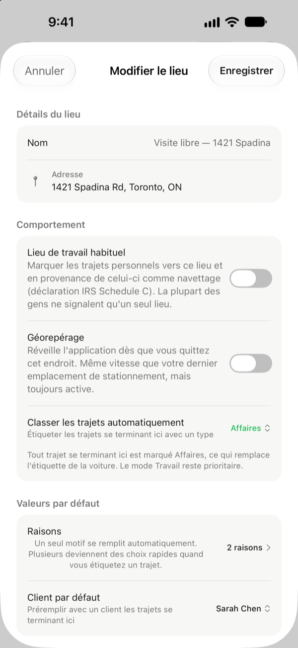 Un lieu enregistré qui étiquette et nomme les trajets automatiquement