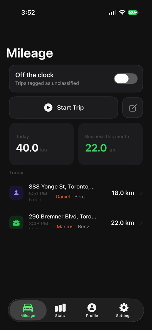 PocketMile Mileage tab showing today's trips