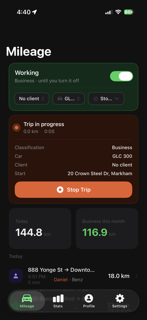 A trip recording automatically in working mode